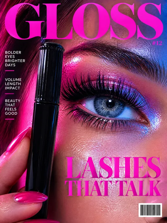 Обложка журнала GLOSS: глаз с длинными чёрными ресницами крупным планом, рядом чёрная тушь в руке с розовым маникюром, заголовок LASHES THAT TALK и штрихкод