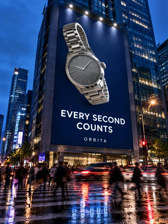 Билборд EVERY SECOND COUNTS на фасаде стеклянной высотки в синий час: стальные часы с серым циферблатом на тёмно-синем фоне, внизу переход с размытыми прохожими и огнями машин на мокром асфальте