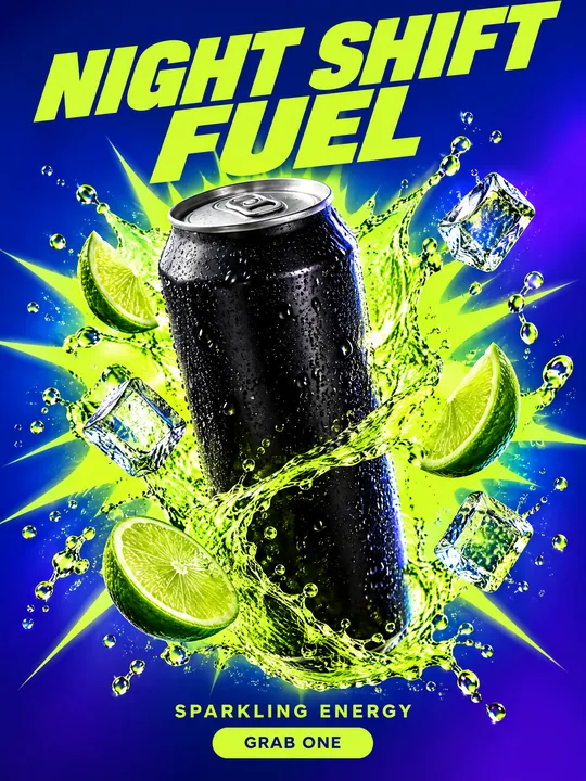 Постер энергетика NIGHT SHIFT FUEL: чёрная матовая банка в каплях конденсата среди брызг лаймового напитка, кубиков льда и долек лайма на сине-фиолетовом фоне, внизу кнопка GRAB ONE