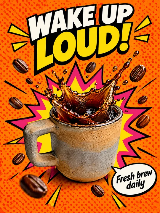Поп-арт постер WAKE UP LOUD!: керамическая кружка с короной из брызг кофе, вокруг летят зёрна, оранжевый фон в растровых точках и розово-жёлтая вспышка
