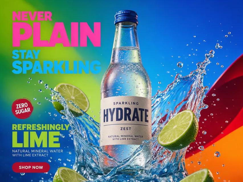 Горизонтальный постер воды HYDRATE: стеклянная бутылка в брызгах с лаймом на ярком фоне