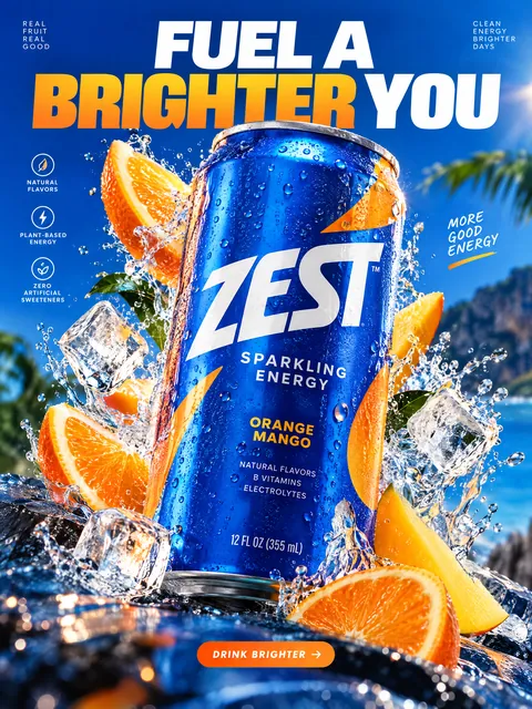 Постер энергетика ZEST: синяя банка в брызгах воды среди долек апельсина и льда, заголовок FUEL A BRIGHTER YOU