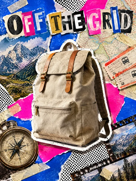Коллаж OFF THE GRID: бежевый холщовый рюкзак в белой бумажной кайме среди вырезок с горами, картой, билетами на поезд, компасом и плёнкой, буквы из разных журналов