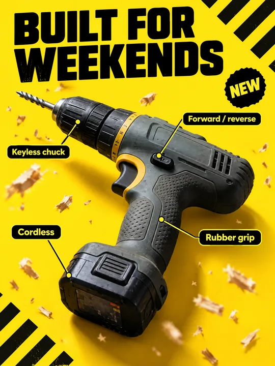 Карточка дрели BUILT FOR WEEKENDS: серая аккумуляторная дрель с жёлтыми вставками на ярко-жёлтом фоне с чёрными диагональными полосами, летящая стружка, выноски Keyless chuck, Forward / reverse, Cordless и Rubber grip, плашка NEW
